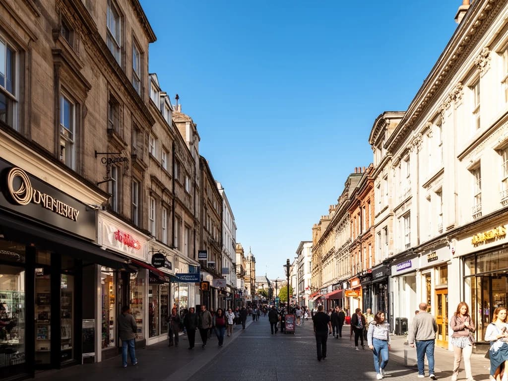 Daytime city street under a clear blue sky