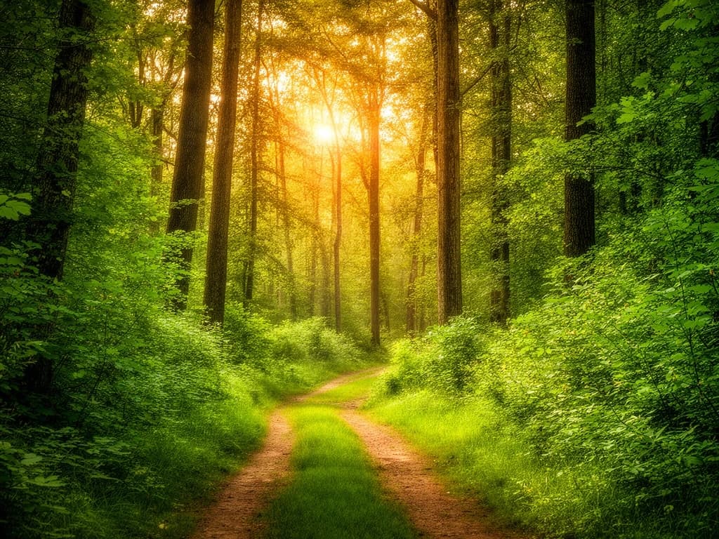 Green summer forest path in warm sunlight
