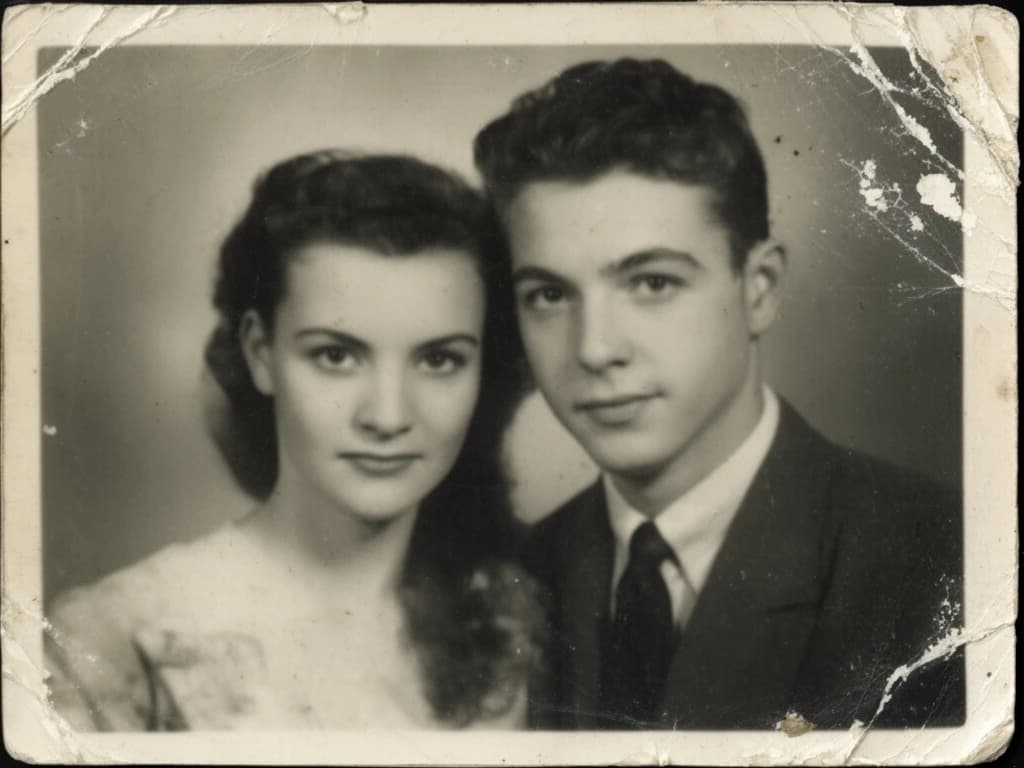 Old damaged black and white photo of a couple