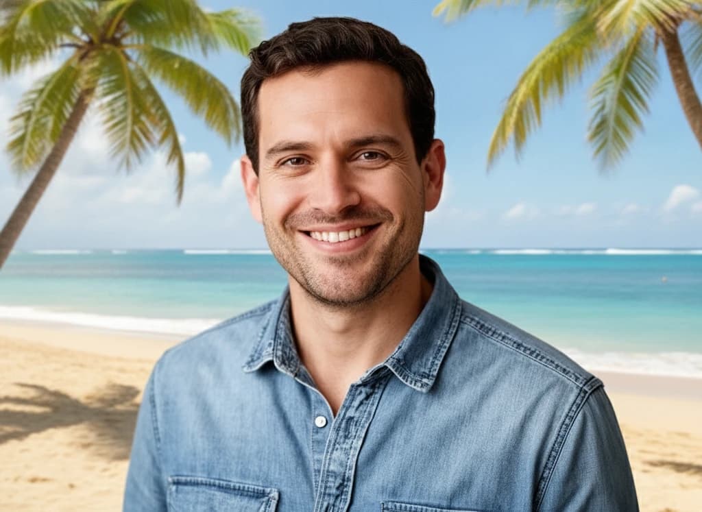 The same man with a sunny tropical beach background
