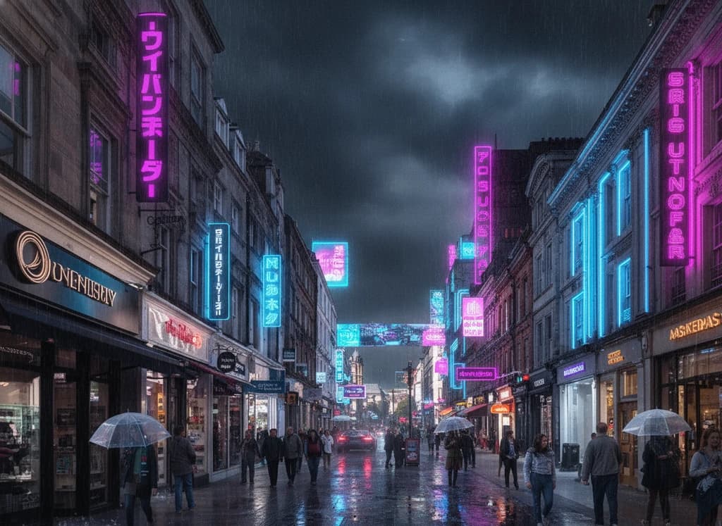 The same street transformed into a neon cyberpunk night scene