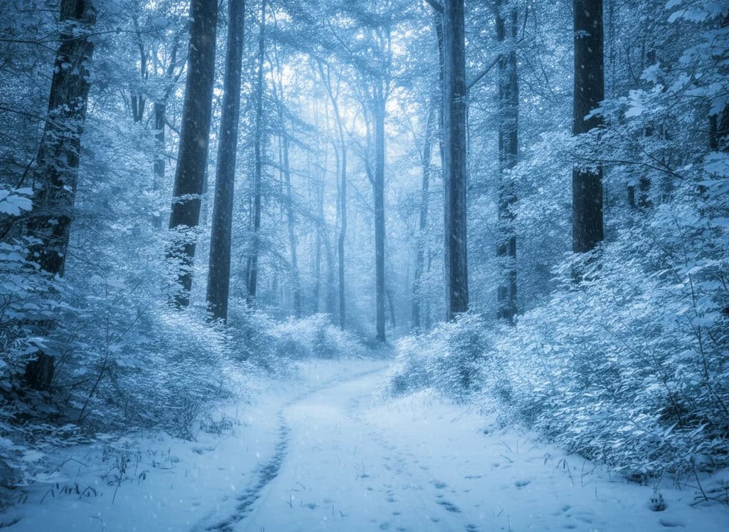 The same forest path transformed into a snowy winter scene