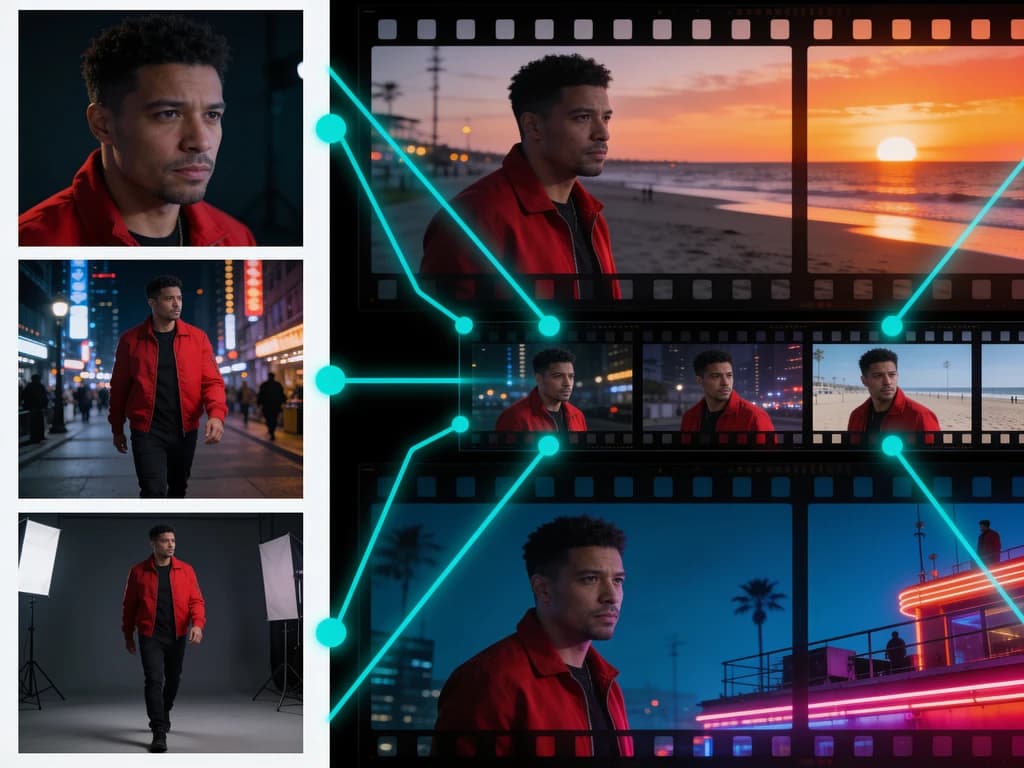 Same character kept consistent across three AI-generated video scenes from reference photos