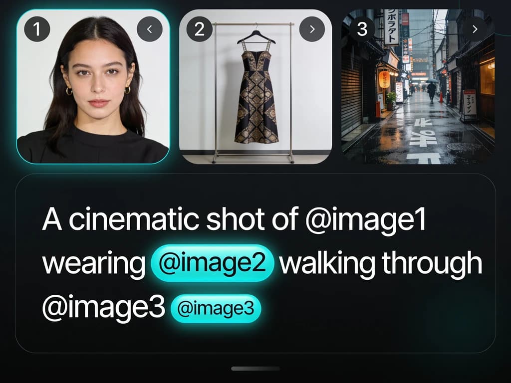 Prompt box casting reference images with @image mentions into an AI video