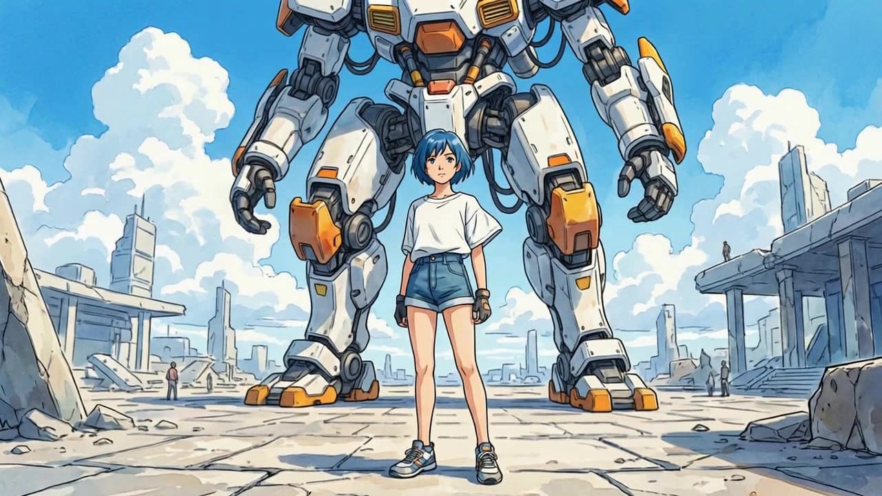 Anime mech illustration animated with wind and atmospheric effects