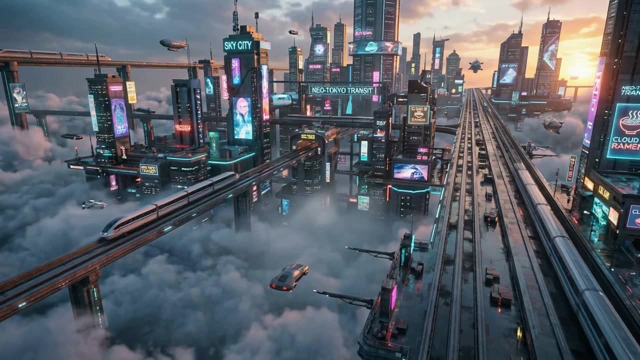 Cyberpunk city - static photo animated into a flying vehicle scene