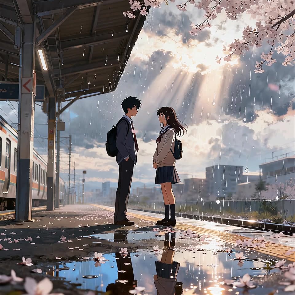 Anime romance scene animated with rain and cherry blossom effects