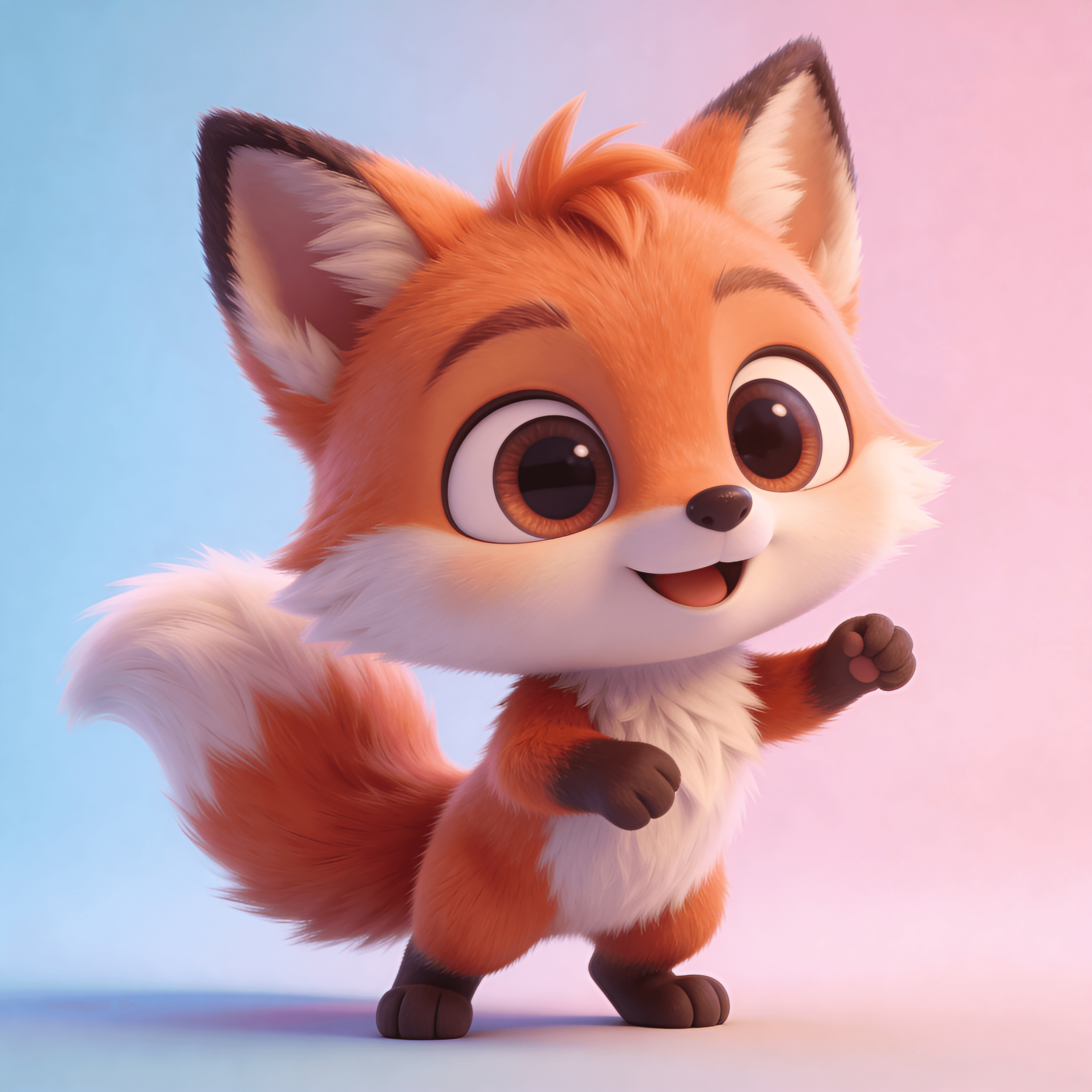 A cute 3D cartoon fox character, big eyes, Pixar style render