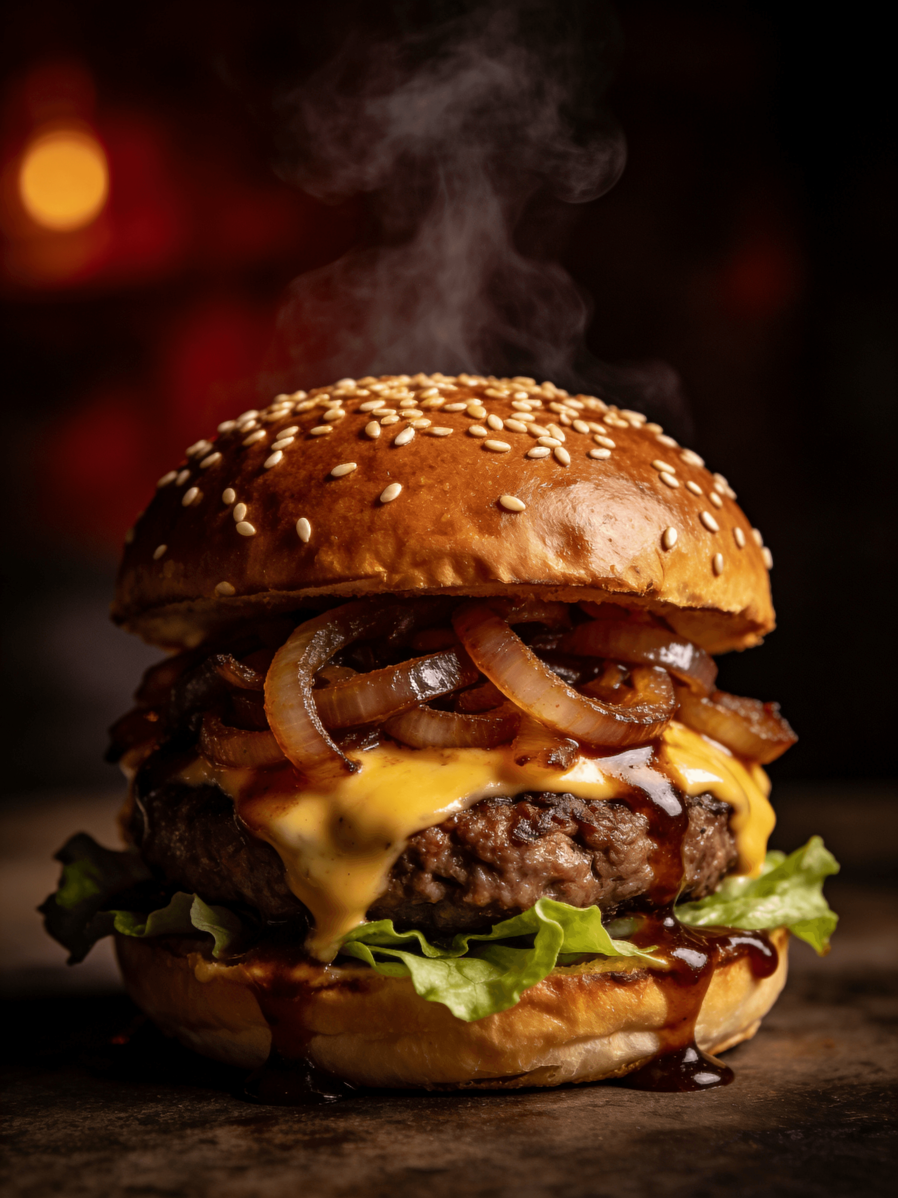 A gourmet cheeseburger with melting cheese, dark moody food photography, steam rising