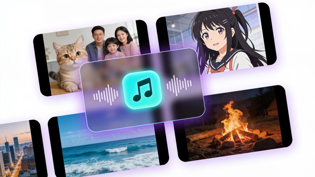 Grid of AI-generated video cards with an Add Audio button on one of them