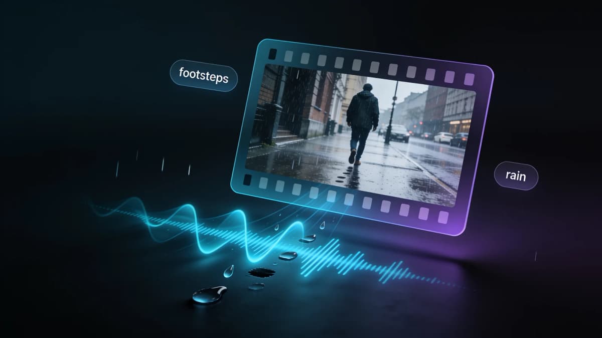 A silent video frame with AI-generated sound waveforms rising from footsteps and raindrops